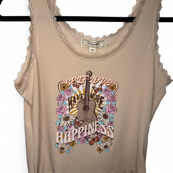 Tan Lace Trim Tank Top Boho 70s Graphic Peace Love Happiness Size Large - Picture 3 of 4